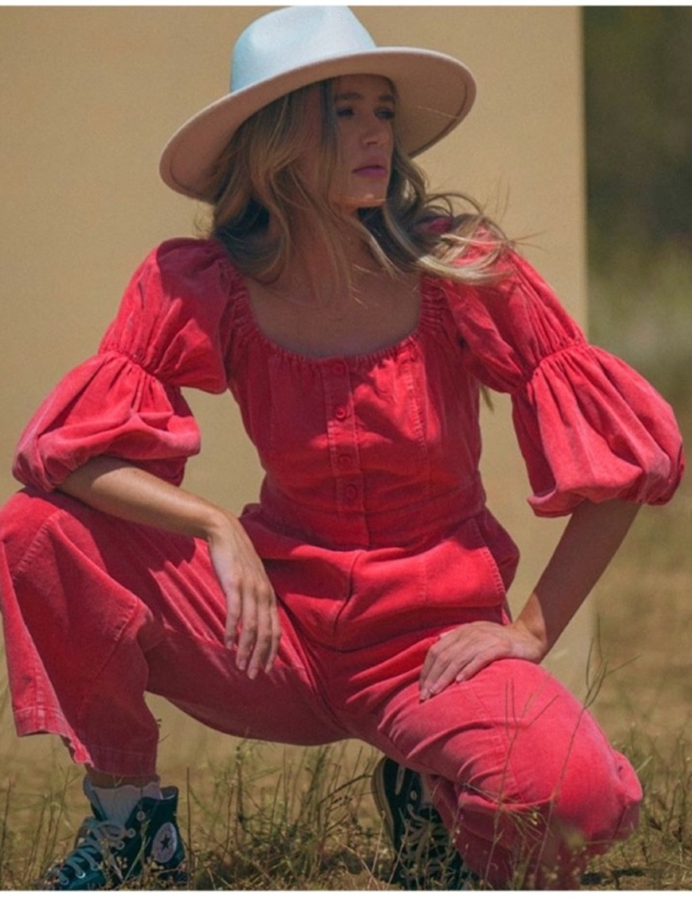 &Merci Corduroy Wide Leg Square Neck Ruffle Slv Alma Jumpsuit Raspberry Large